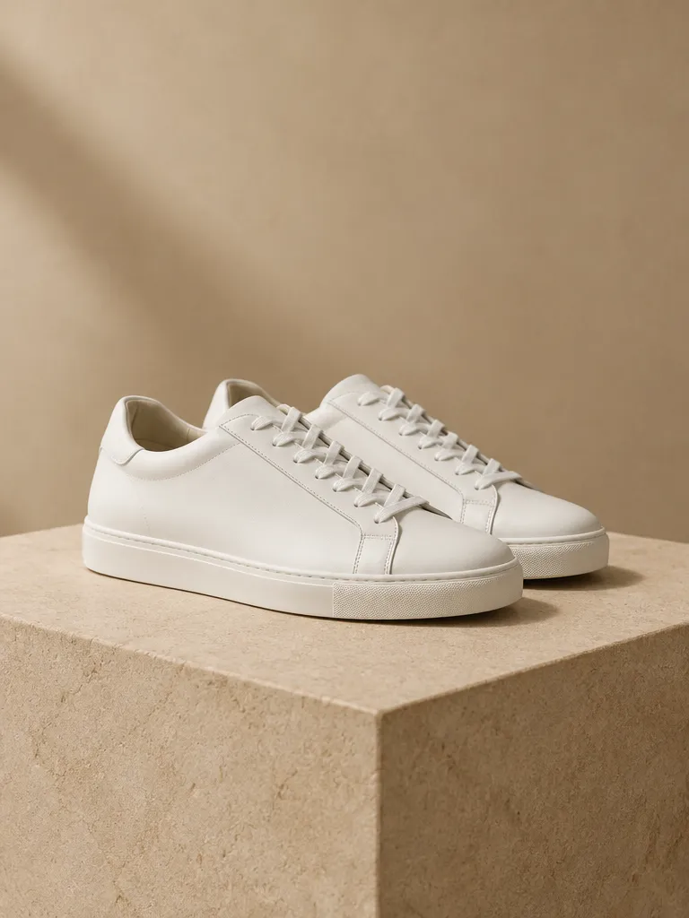 White leather sneakers on a sand-coloured stone block.