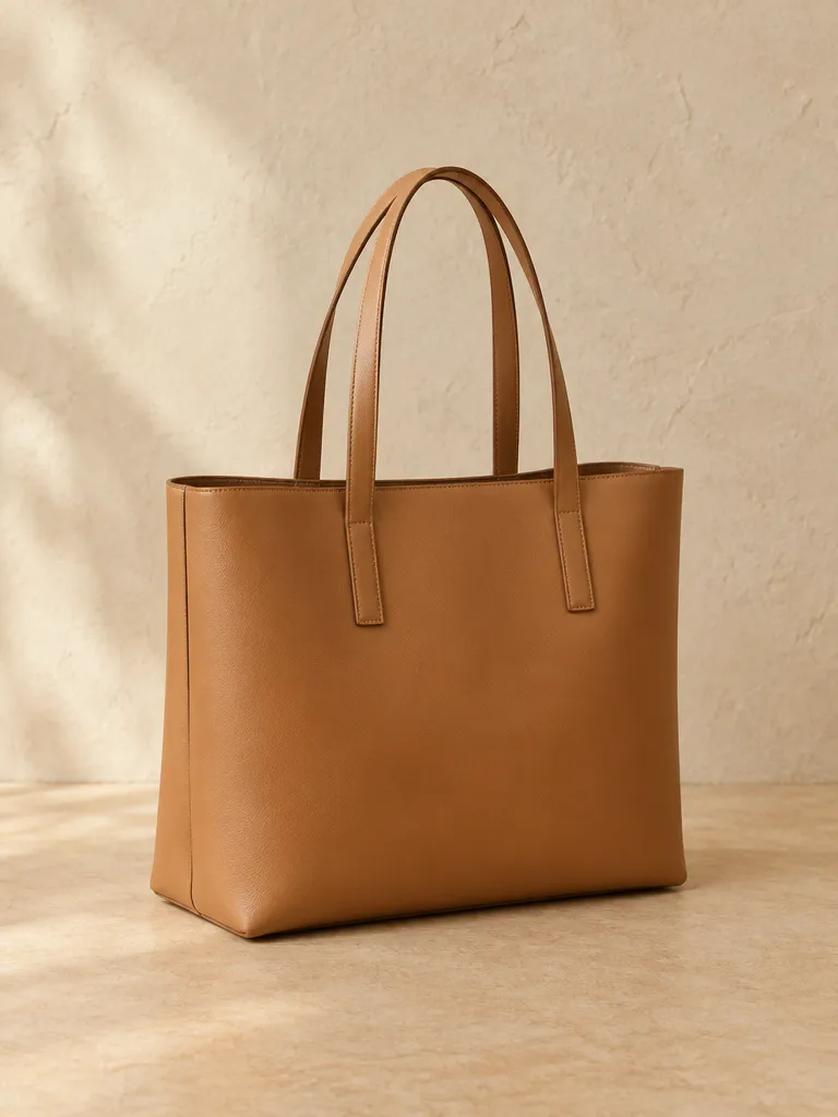 A structured tan leather tote against a plaster wall.